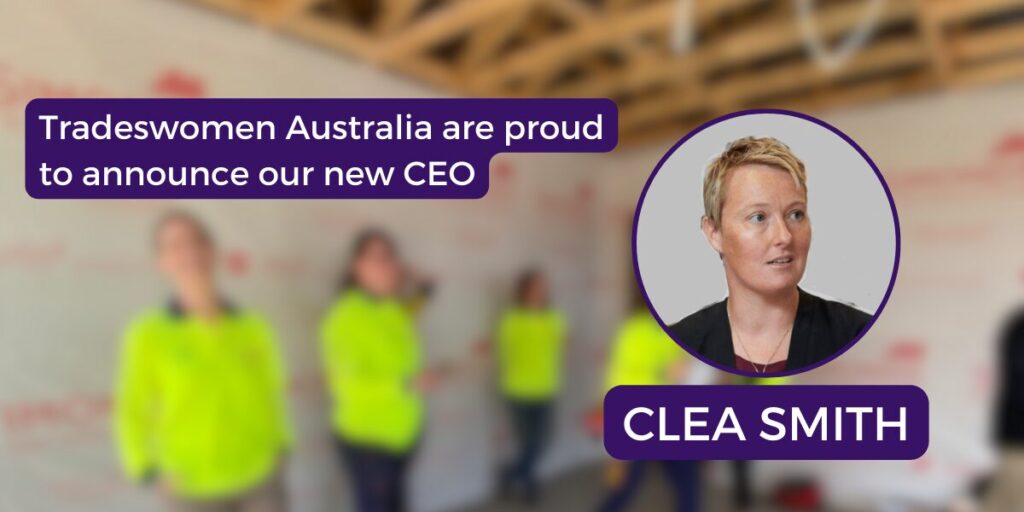 Blurred picture of tradeswomen on site with a headshot of Clea